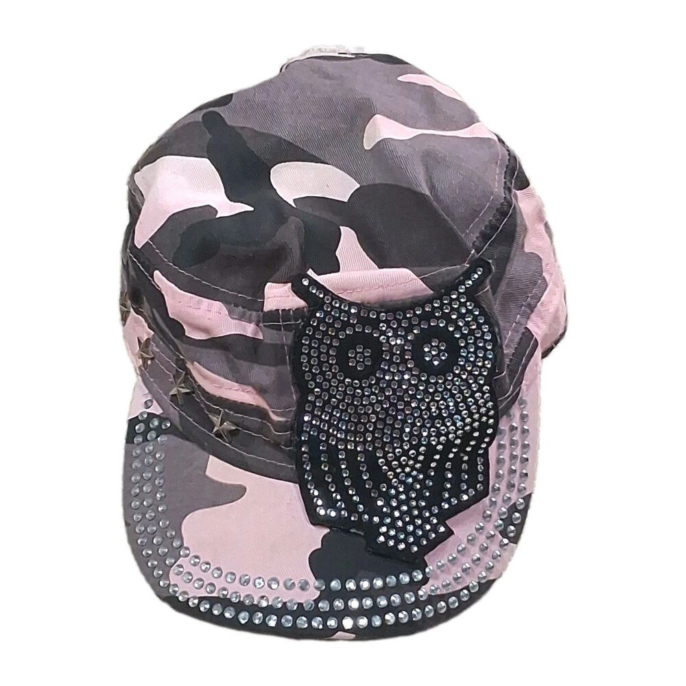 crown womens pink camo owl rhinestone studded military cadet hat cap y2k cowgirl